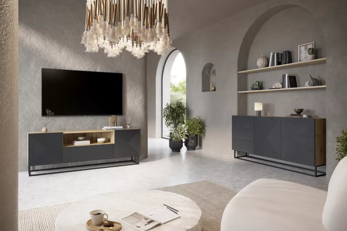 Szafka RTV ASHA 167 - szara - dąb artisan - ryflowany front - czarny stelaż - B_52136