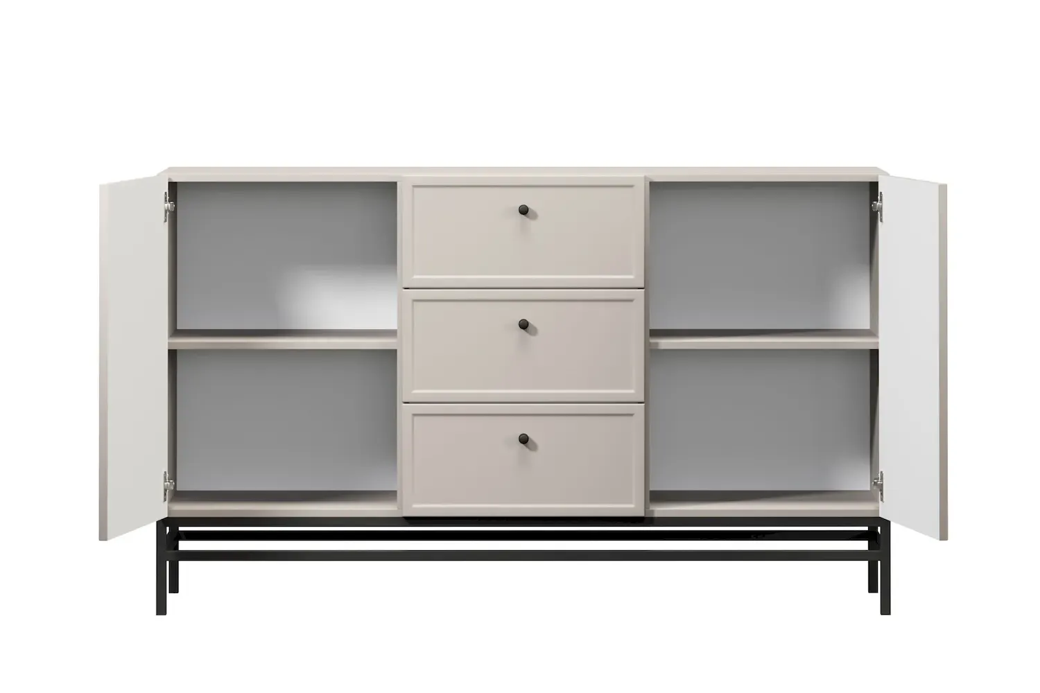 Komoda 2-drzwoiowa z 3 szufladami LORINI 150 - cashmere gałka czarna stelaż czarny - B_166767