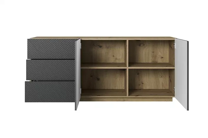 Komoda ASHA 167 z szufladami - szara - dąb artisan - ryflowany front - cokół