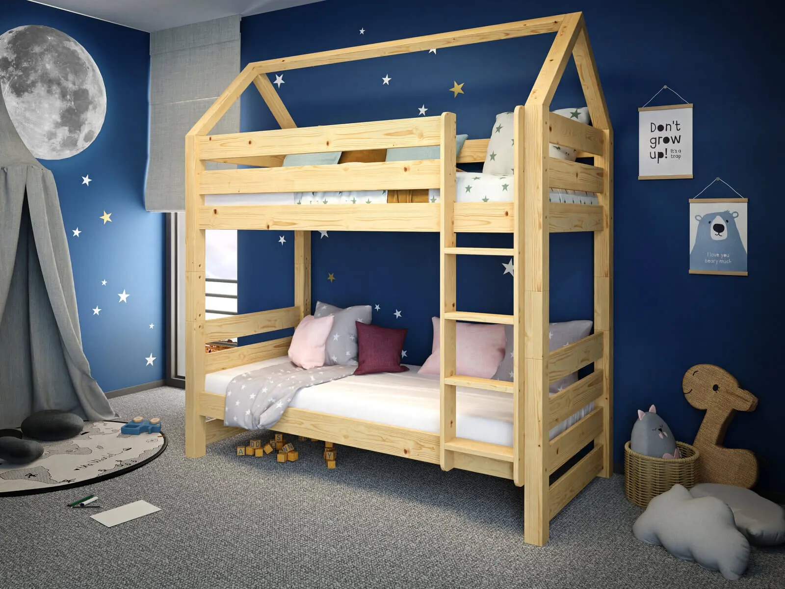 Łóżko piętrowe z daszkiem COSY HOME 90x200 naturalne - LPCOSYHSOS90