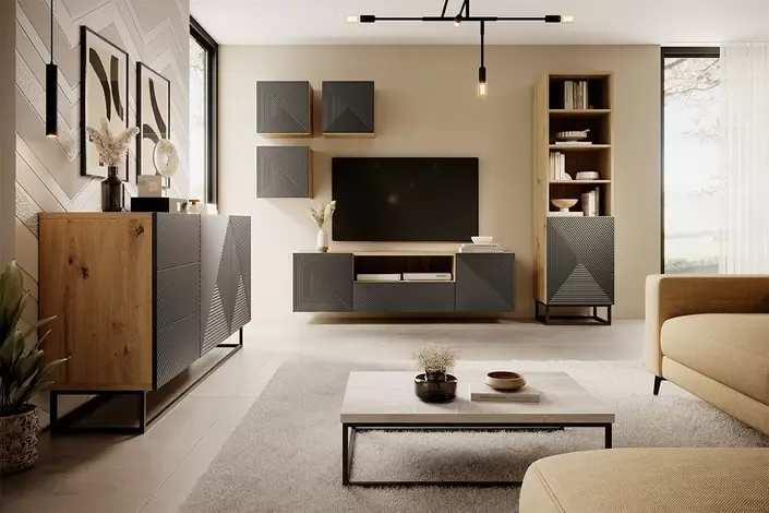 Regał ASHA 50 1D - szary - dąb artisan - czarny stelaż- ryflowany front - B_149636