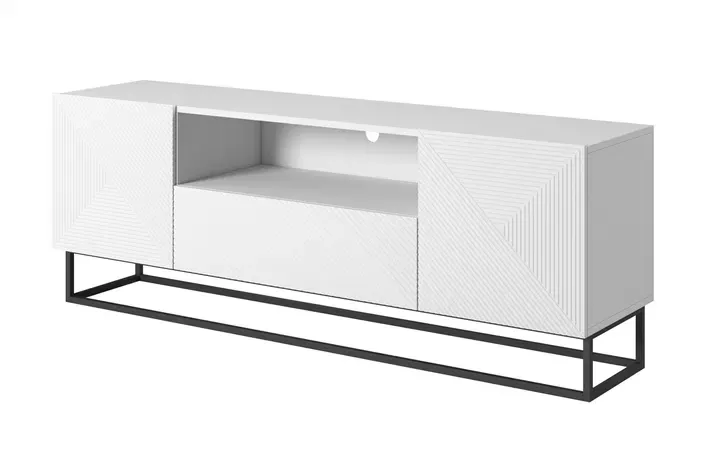 Szafka RTV ASHA 167 - biały mat - ryflowany front - czarny stelaż
