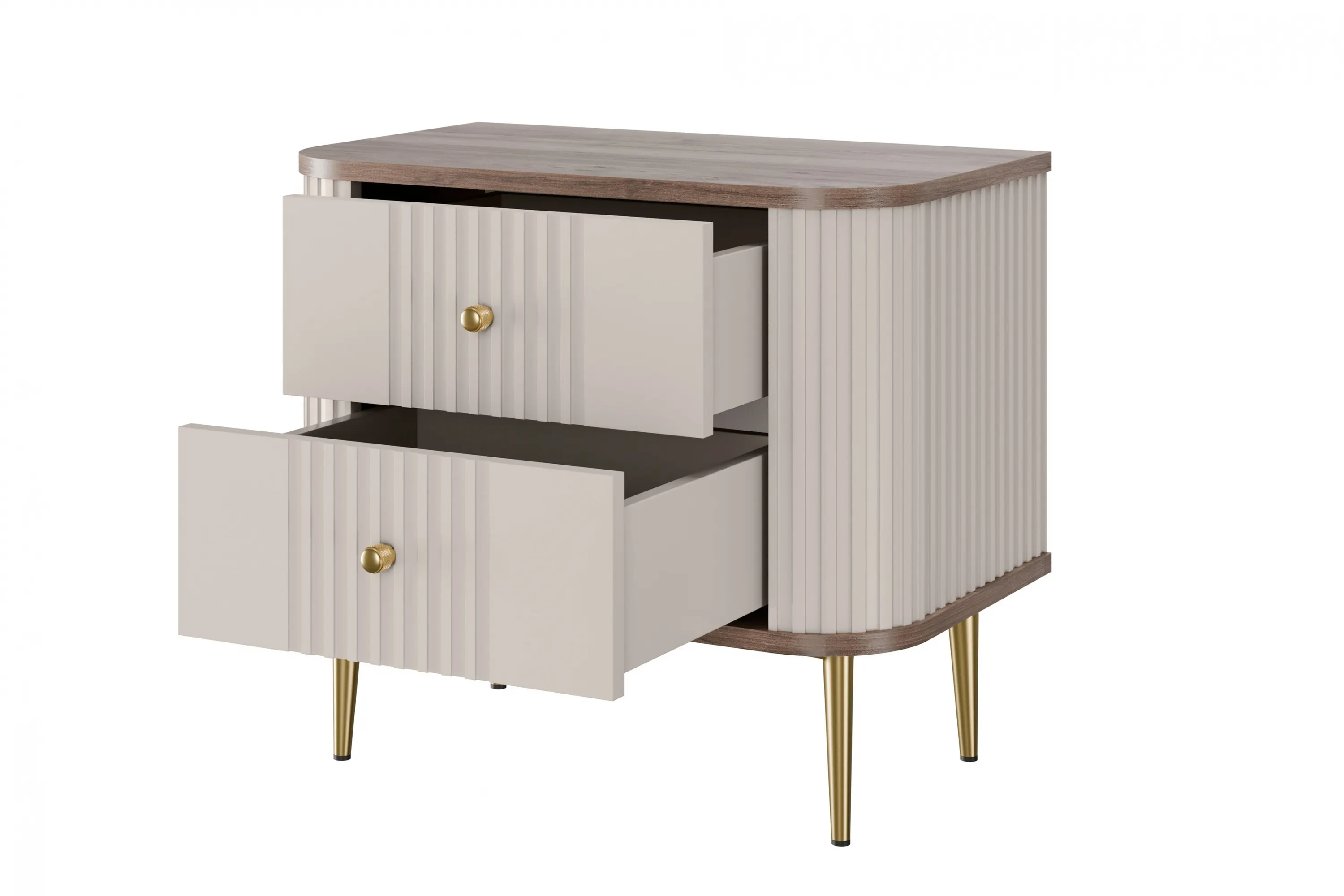 Szafka nocna z 2 szufladami VESPER 56 zestaw 2 sztuk ryflowany front cashmere mdf orzech złote nogi - B_163836