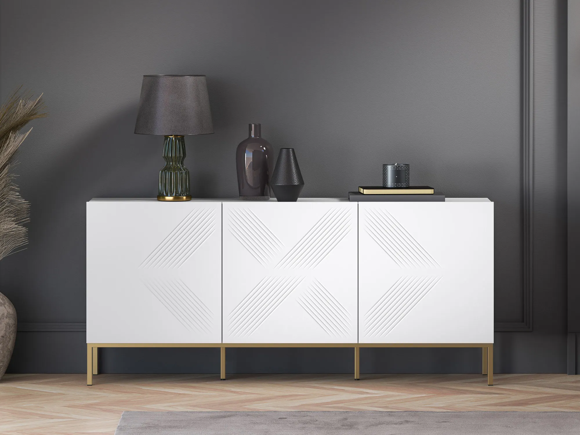 Komoda 3-drzwiowa CLEARING 02 biały alpejski, podstawa-złoty - 1CLEA02-001-03