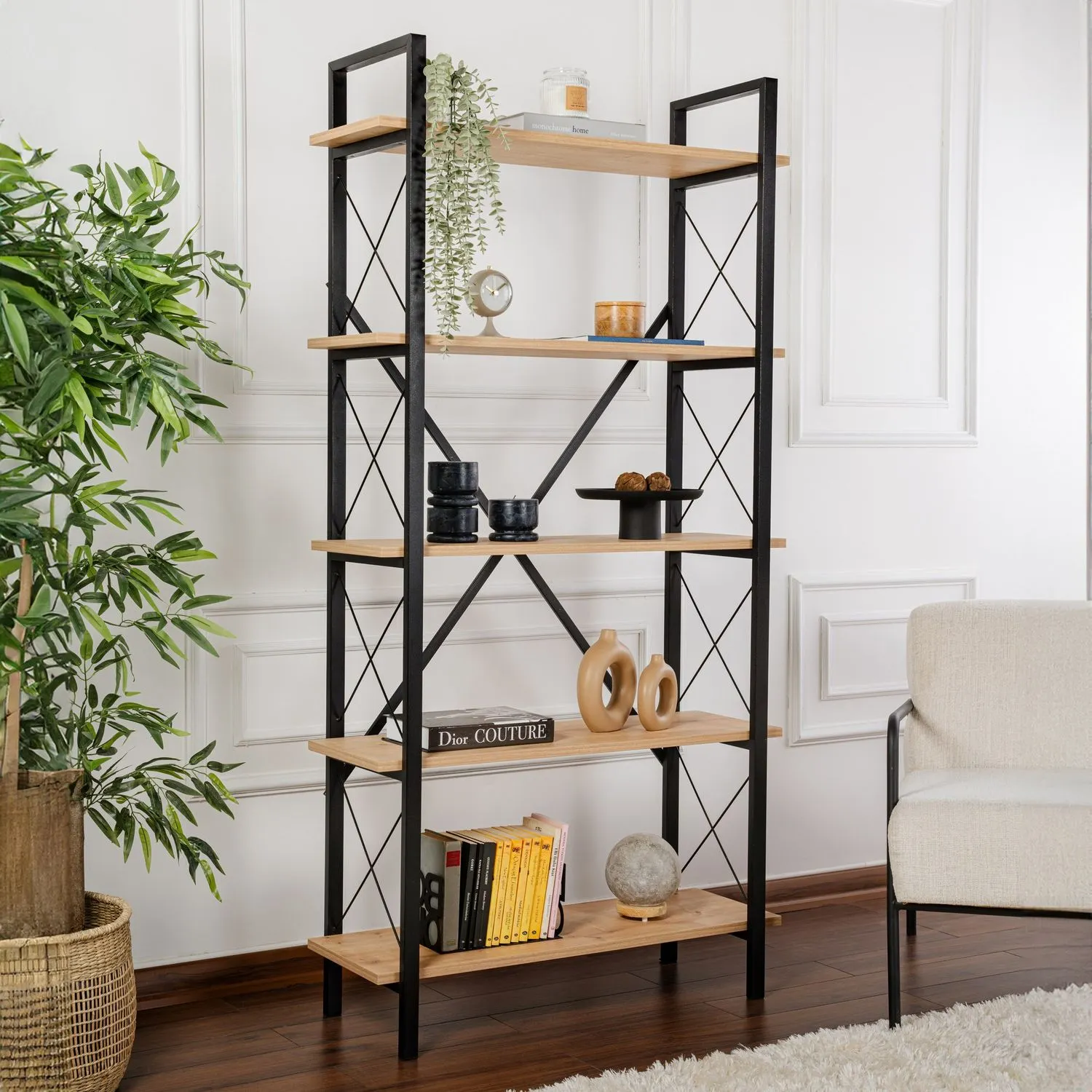 Regał wysoki ELYSIAN 90x180 cm dąb naturalny czarny - ASI_241NRD1334