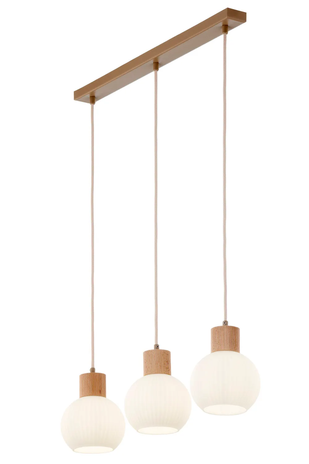 lampa wisząca, trzy kule, drewniane elementy, biały abażur, kabel wiszący