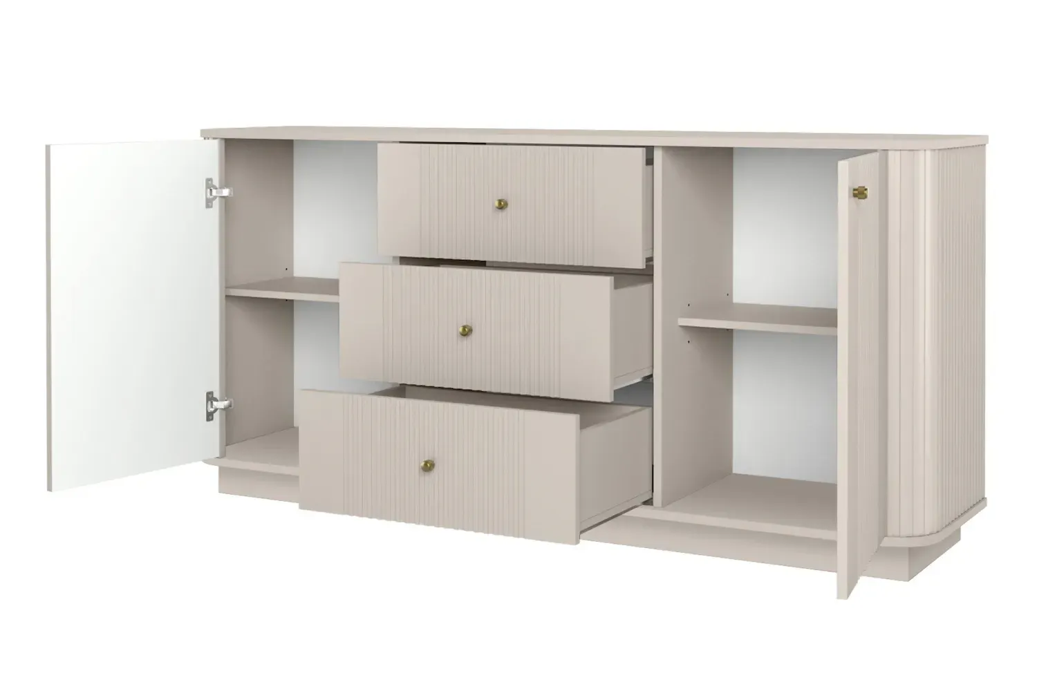 Komoda 2-drzwiowa z 3 szufladami VESPER 160 ryflowany front - cashmere złote uchwyty cokół — zdjęcie 3