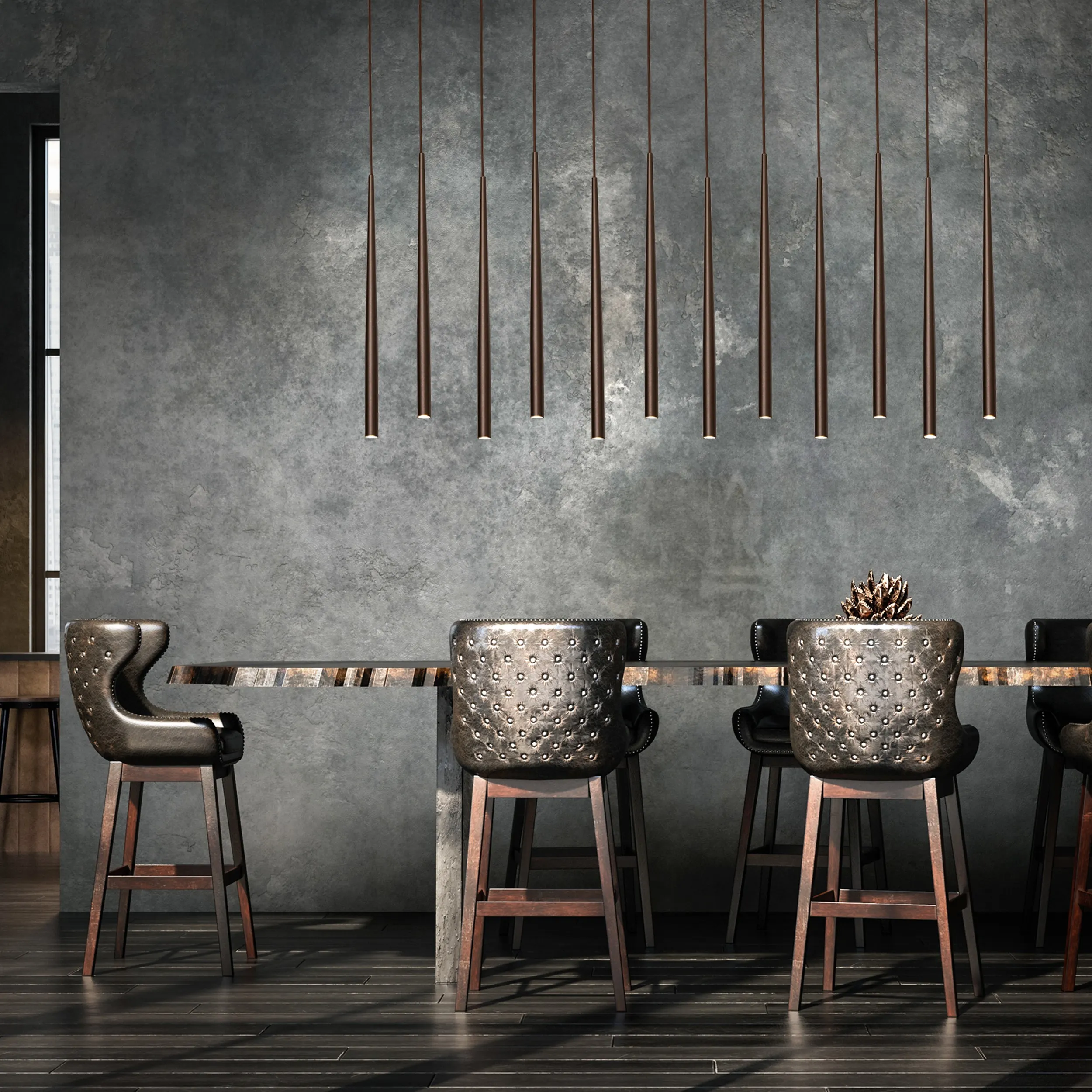 Lampa wisząca PIANO brązowa 12 smukłych eleganckich reflektorów na metalowej listwie 140x120x12cm - TK_10111