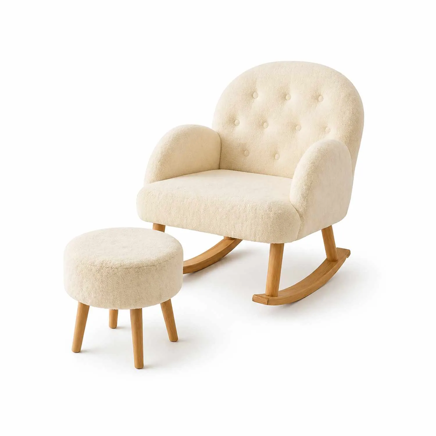 fotel wiszący, fotel bujany, stolik ottoman, wykładany materiał, drewniane nóżki