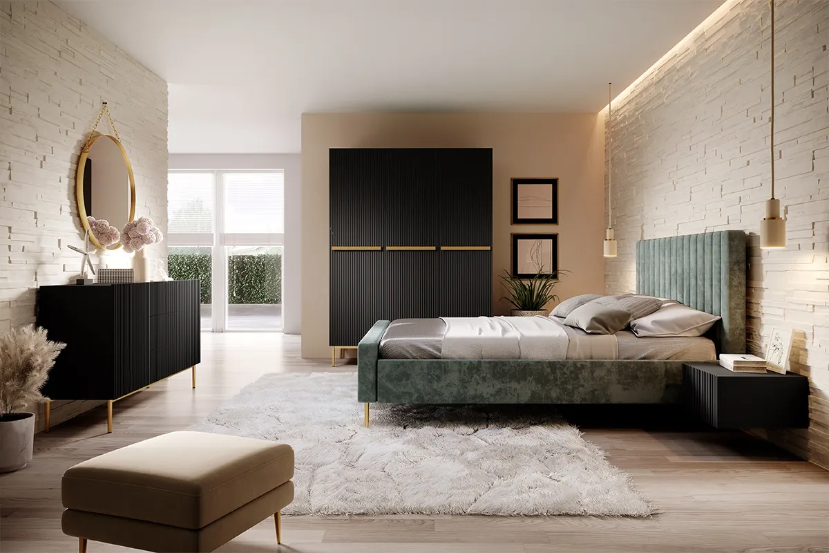 Szafa 3-drzwiowa NICOLE 150 z półkami i drążkiem - czarny mat - złoty stelaż - B_148471