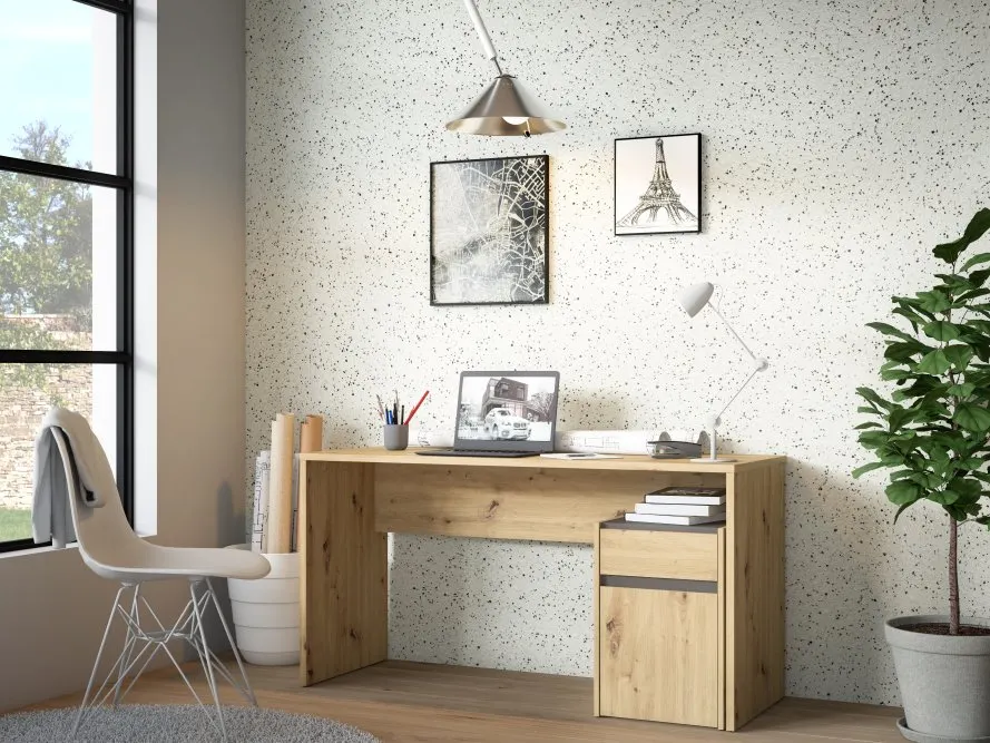 Biurko MODULTRICK z szafką i szufladą - dąb artisan, szary - MDUB112-C827