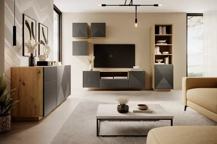 Regał ASHA 50 1D - szary - dąb artisan - ryflowany front - cokół - B_149634