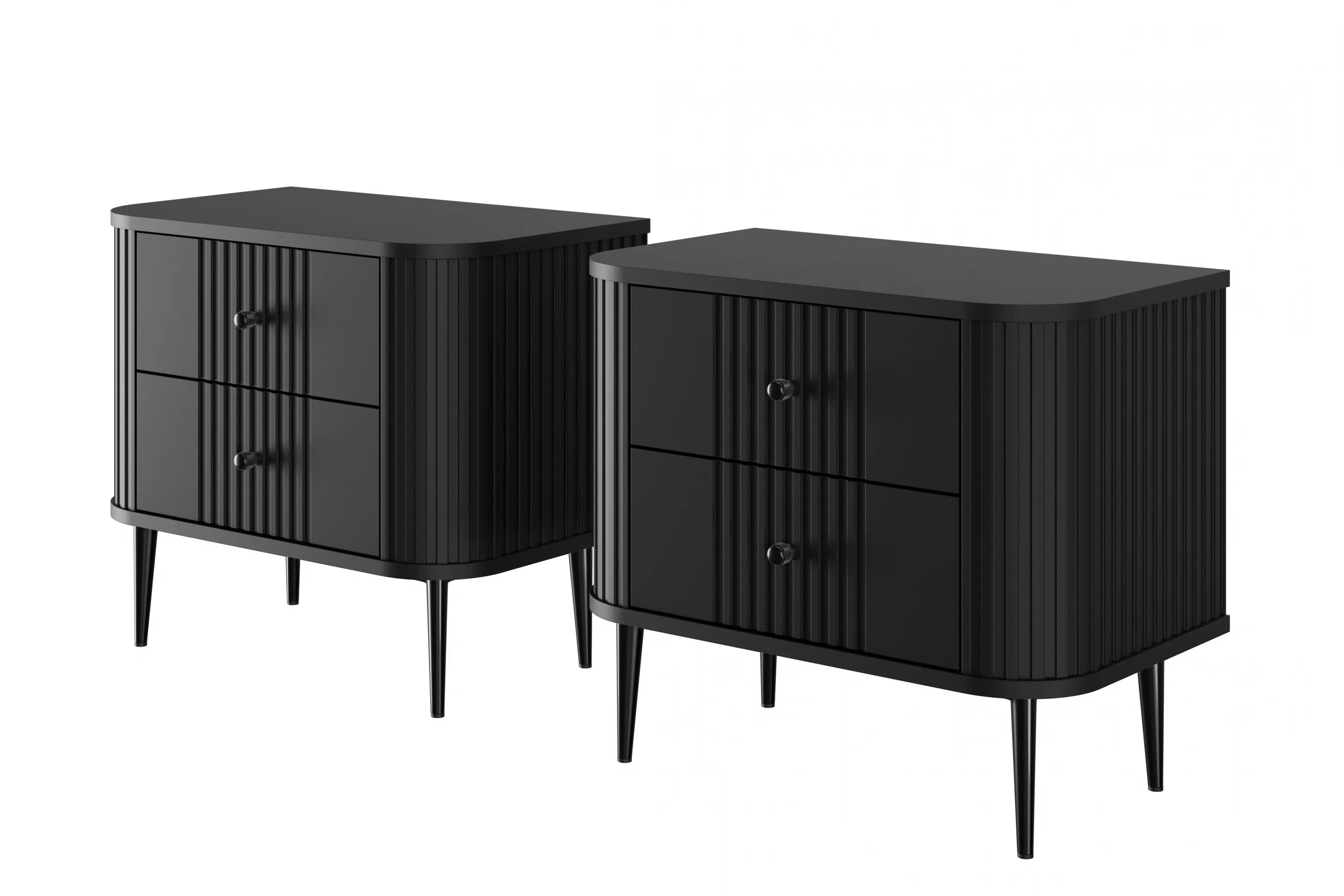 Szafka nocna z 2 szufladami VESPER 56 zestaw 2 sztuk ryflowany front czarny mdf czarne nogi