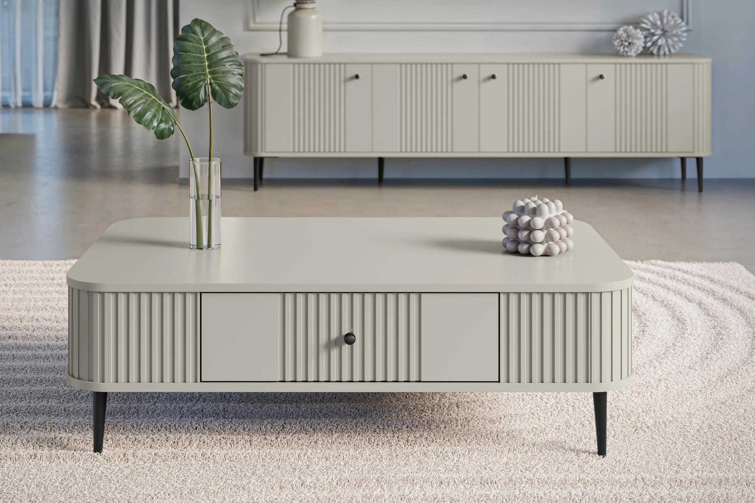 Stolik kawowy z szufladą VESPER 103 ryflowany front cashmere czarne nogi - B_163800