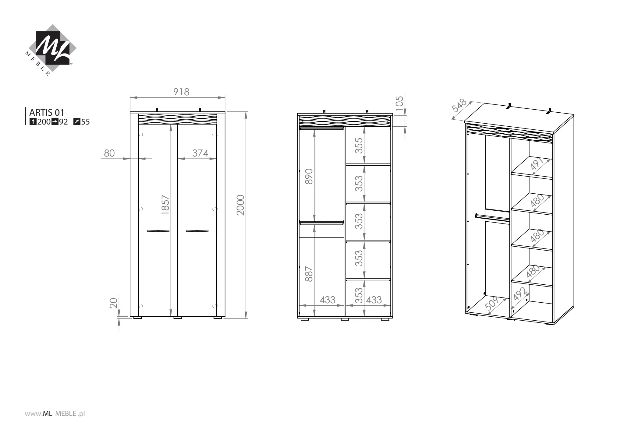Szafa 2-drzwiowa z drążkami i półkami ARTIS 01, dąb artisan - 1ARTI01-001