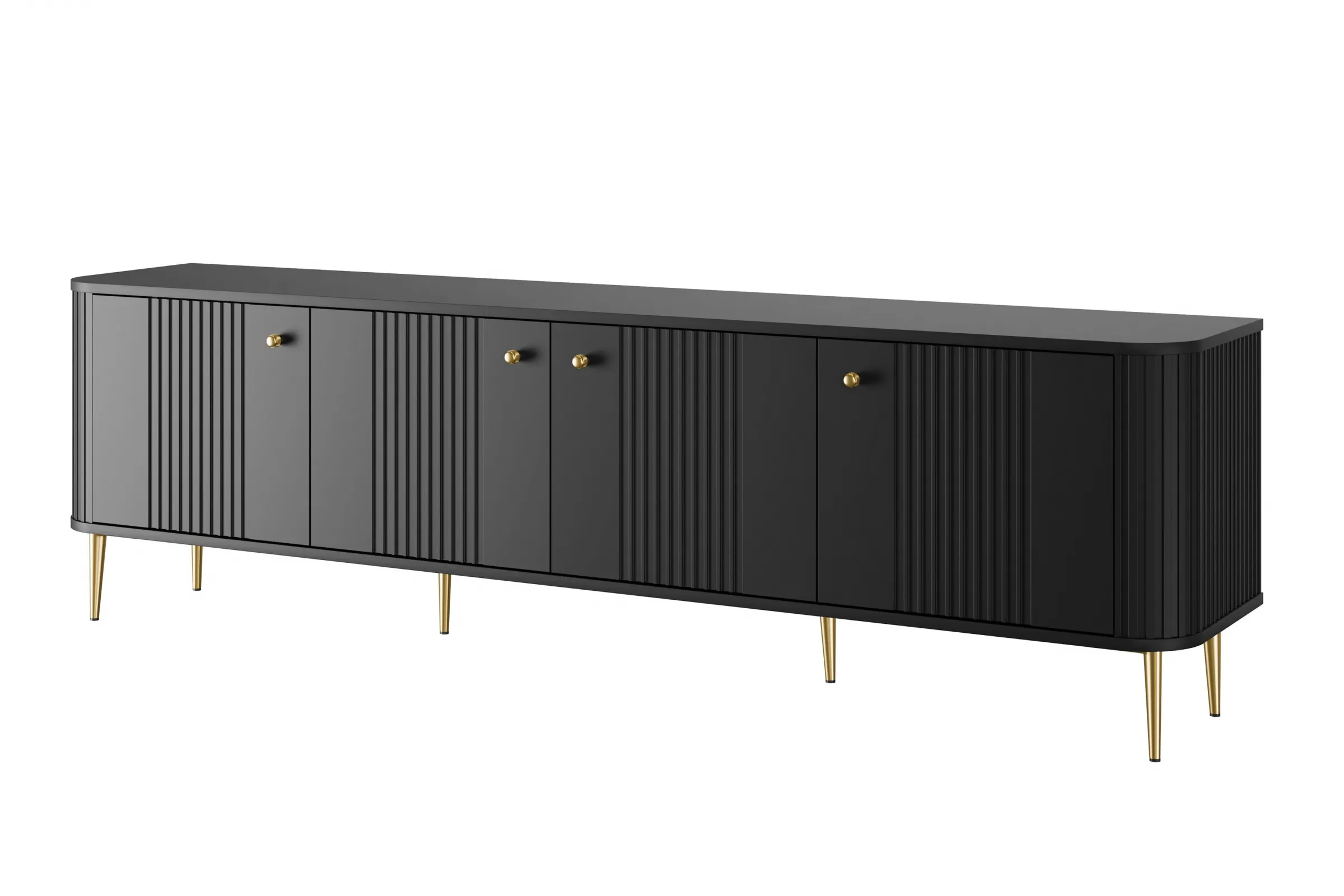 Szafka RTV 4-drzwiowa VESPER RTV 187 ryflowany front czarna złote nogi złote uchwyty Meble, Kredens, Łóżeczko, Łóżko dziecięce, Gabinet