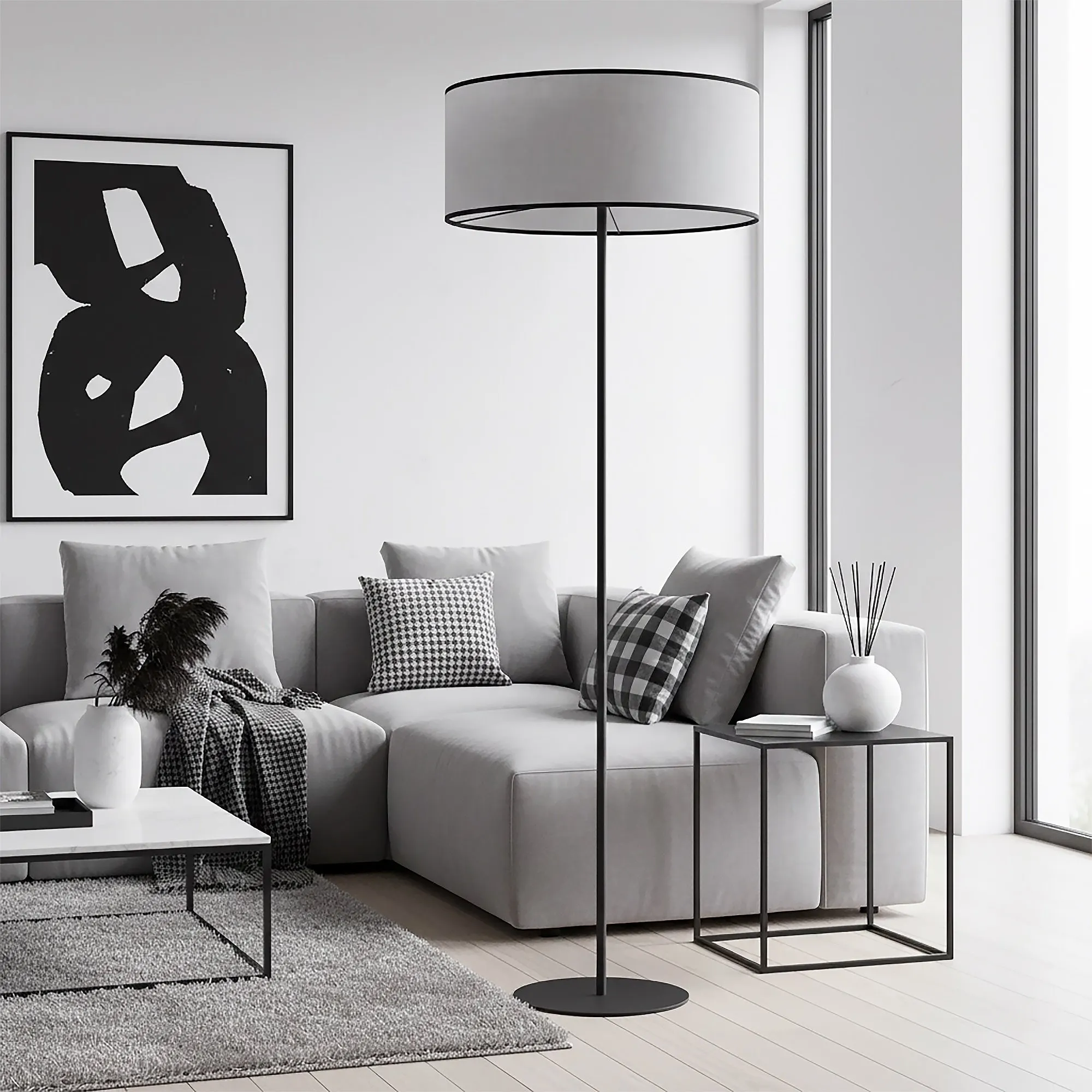 image sofa, lamp, living room, szary, dekor