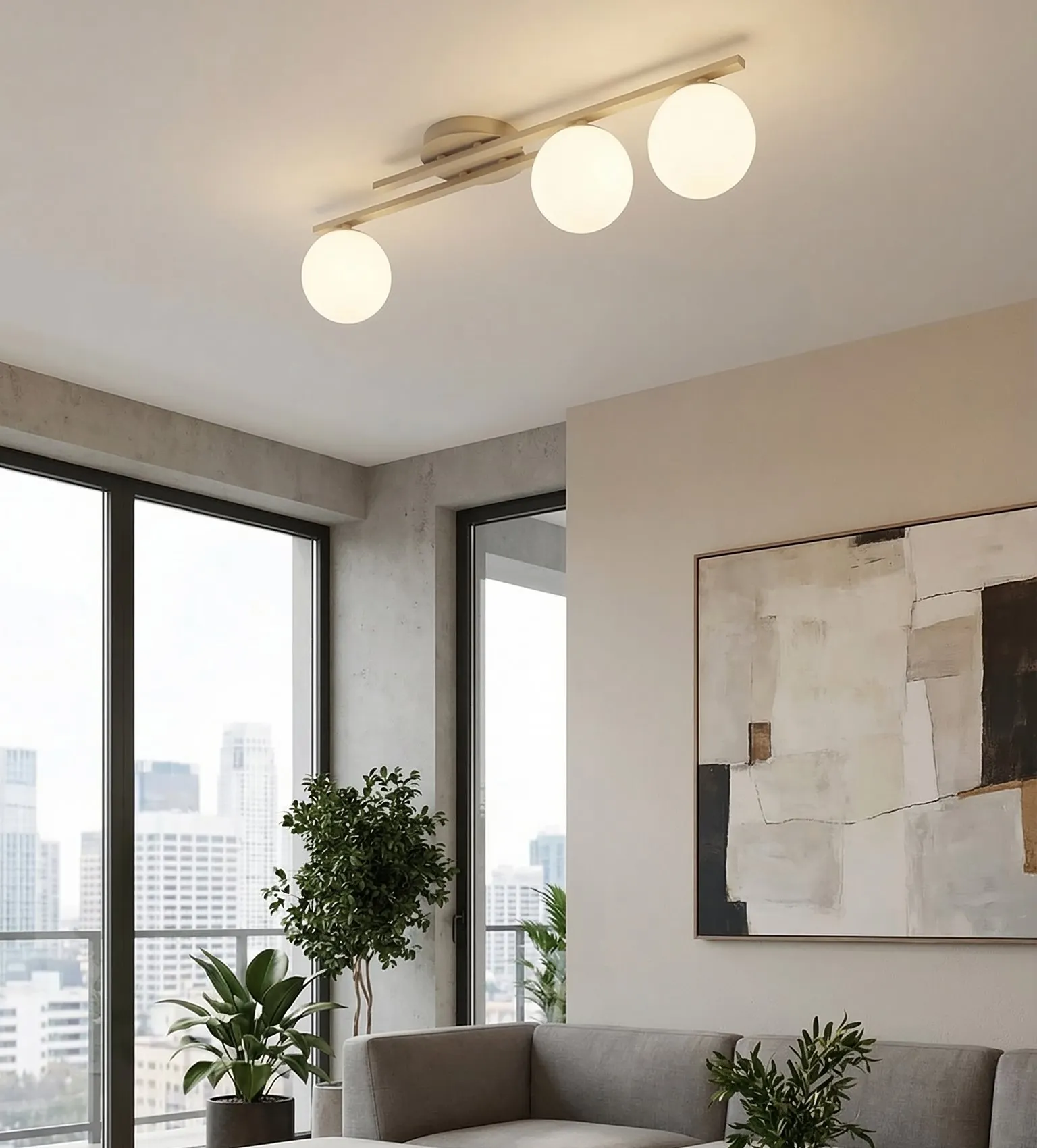 lampa sufitowa, trzy kule, nowoczesny design, panele okienne, rośliny doniczkowe