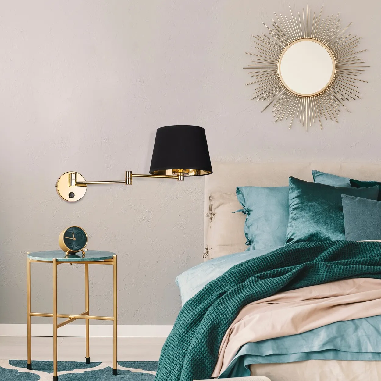 Kinkiet GLORY złoty z czarnym abażurem na regulowanym wysięgniku z włącznikiem 49x19cm - TK_6483