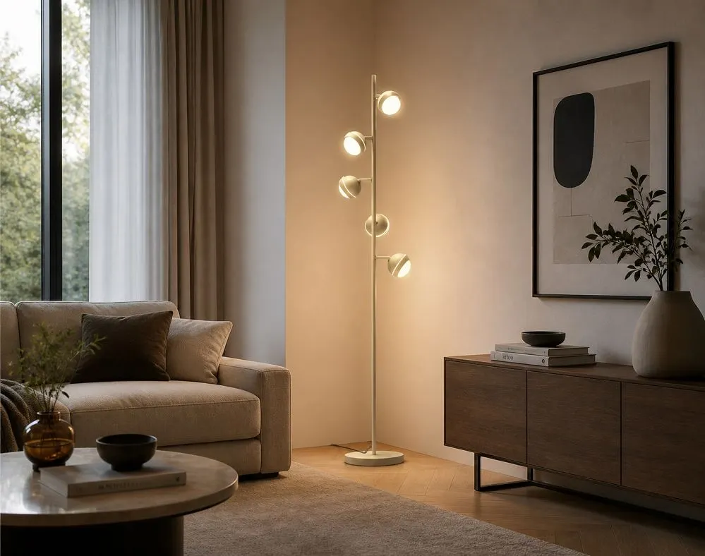 image lampa stojąca, kinkiet, oświetlenie salonowe, drewniana szafka, obraz w ramie