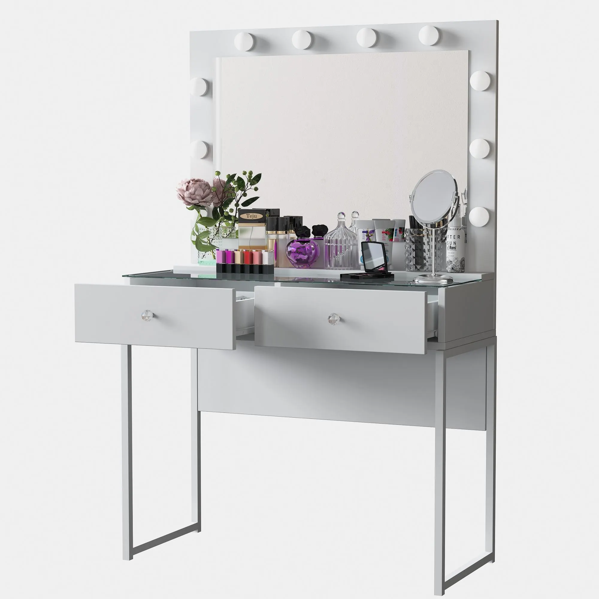 image f vanity table, makeup desk, mirror frame, drawer storage, glossy white