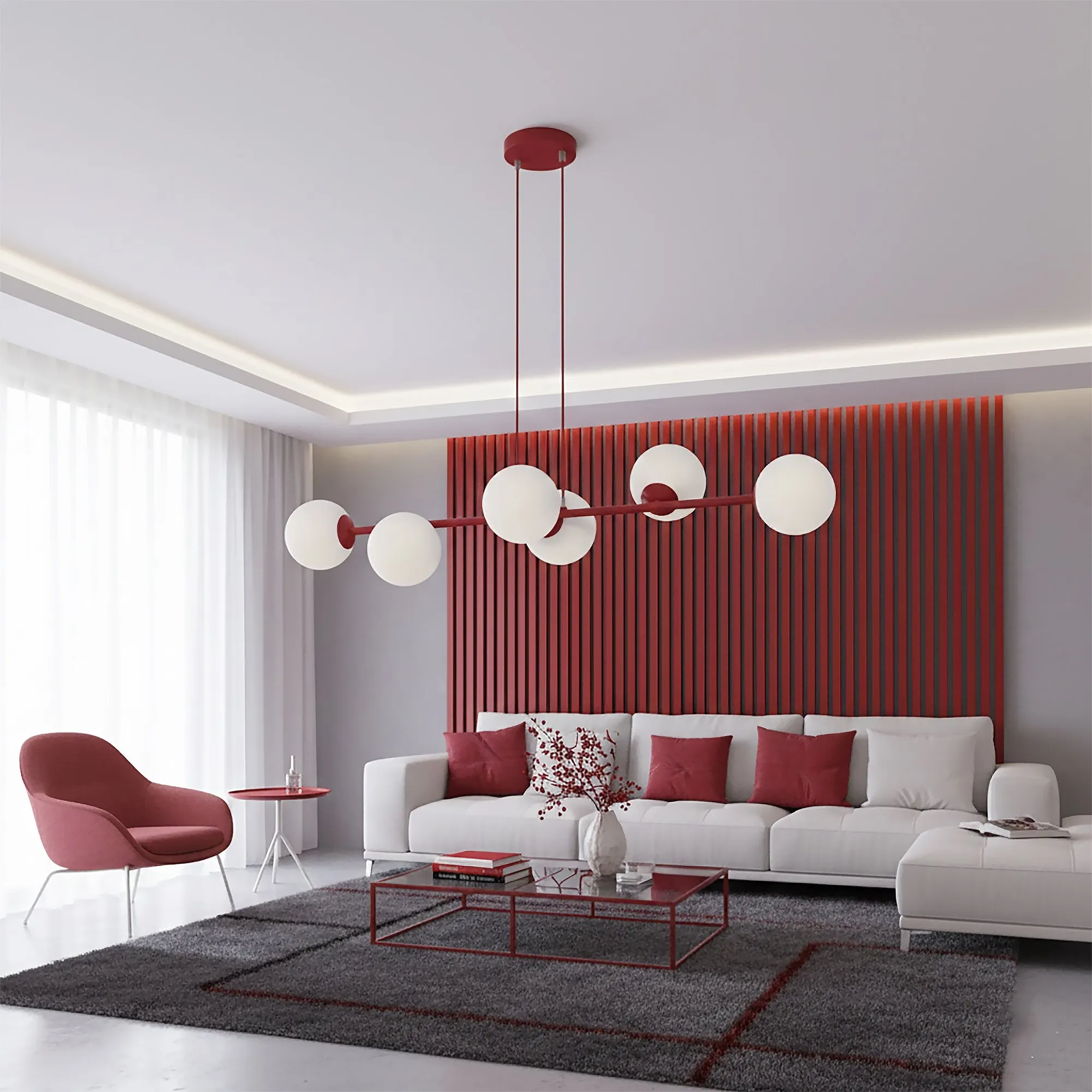 lampa wisząca, kula żarówka, nowoczesny żyrandol, kredowy salon, narożnikowy zestaw wypoczynkowy