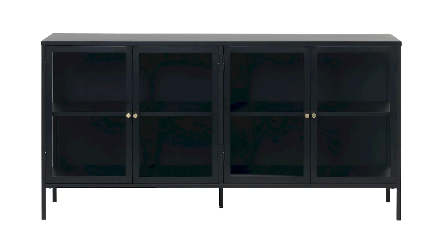 Komoda 4-drzwiowa CARMEL z przeszklonymi drzwiami i bokami 170 cm - czarna Komoda 4-drzwiowa CARMEL z przeszklonymi drzwiami i bokami 170 cm - czarna