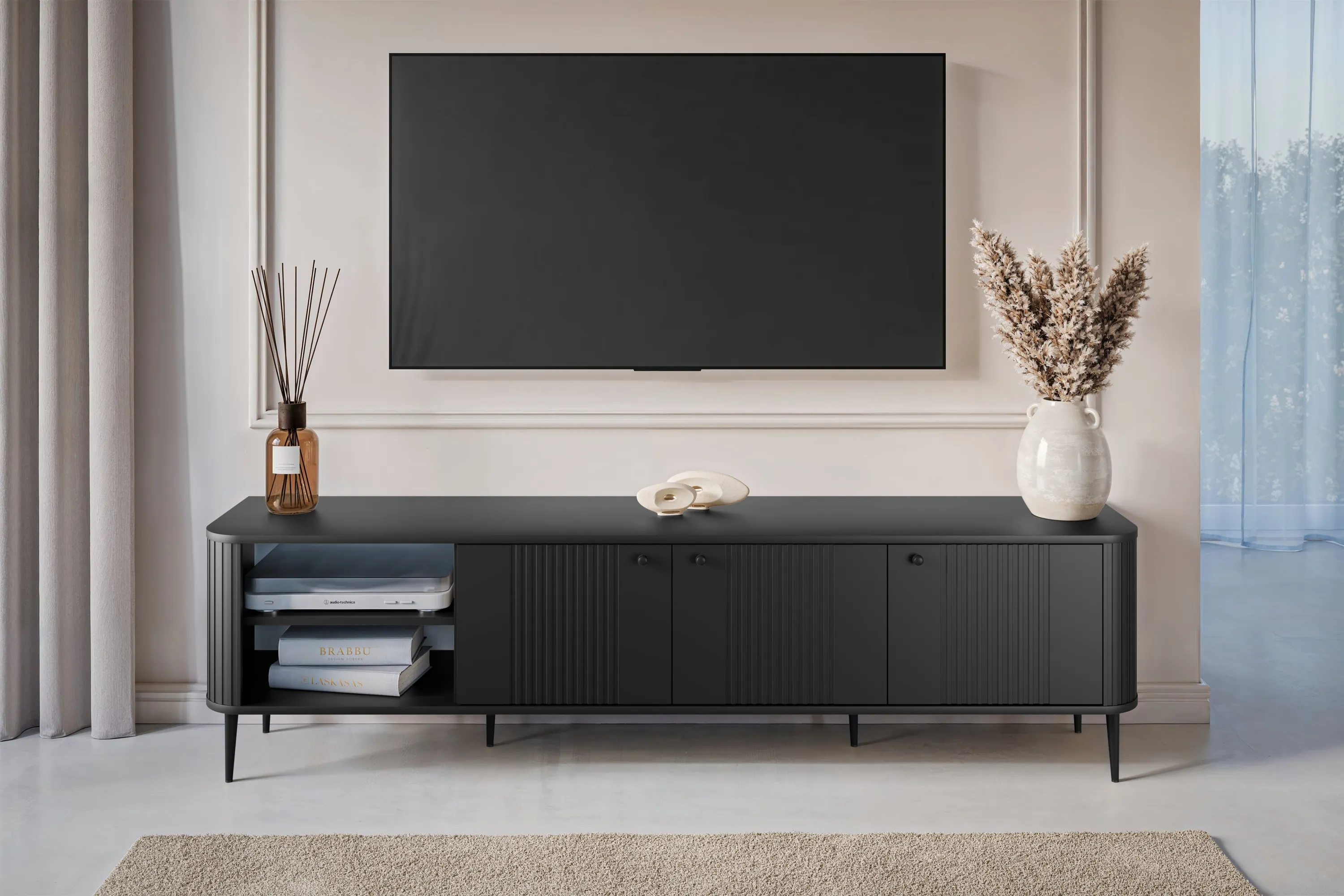 Szafka RTV 3-drzwiowa VESPER RTV 187 ryflowany front czarna czarne nogi - B_163693