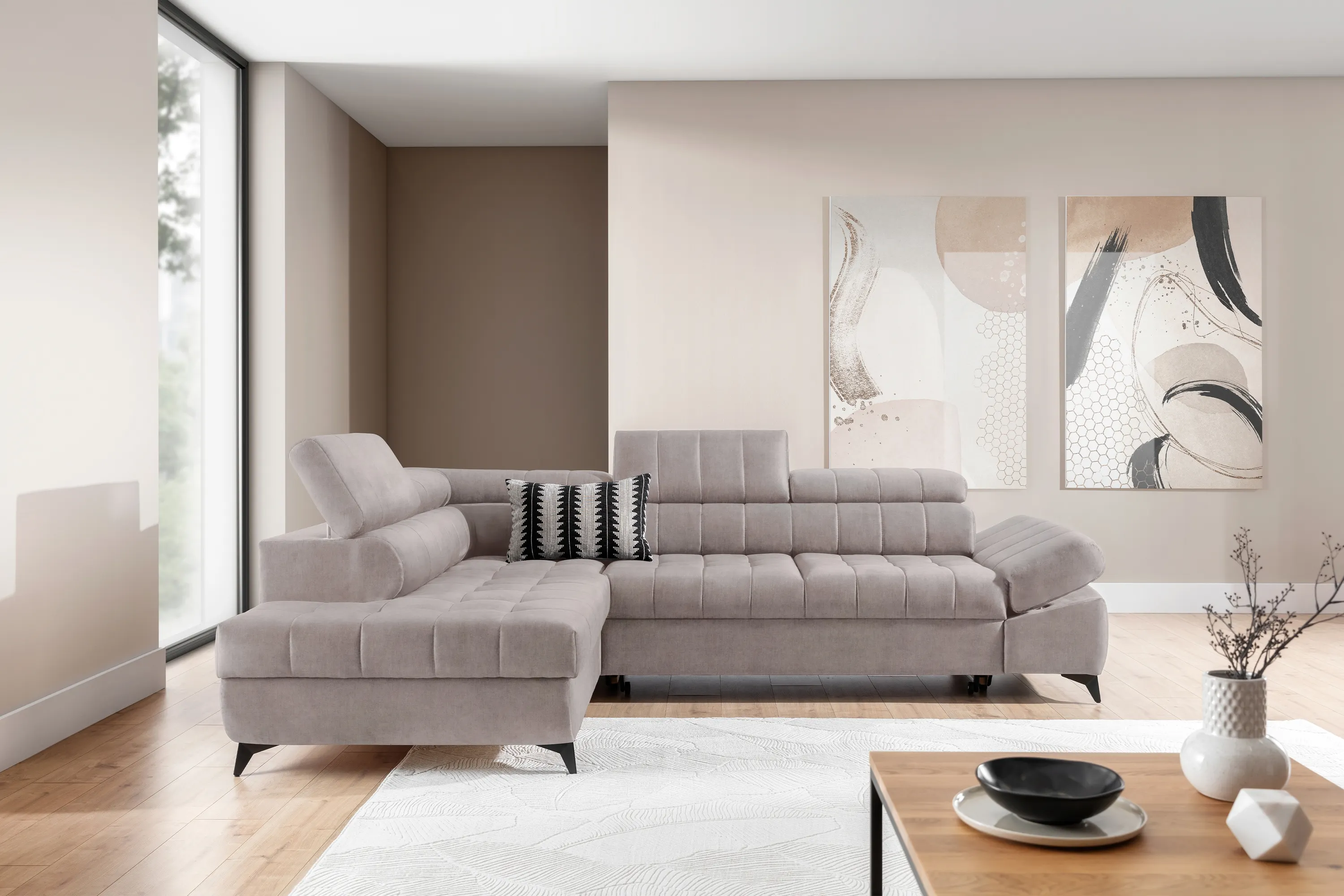 Narożnik lewostronny VALORIS L regulowane zagłówki i podłokietniki tkanina Maya 01 beżowy - B_162434