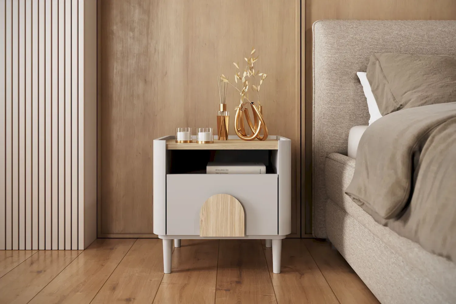 Szafka nocna z 1 szufladą i półką AMILIO 50 - cashmere dąb olejowany uchwyty dąb jasny nogi cashmere - B_169209