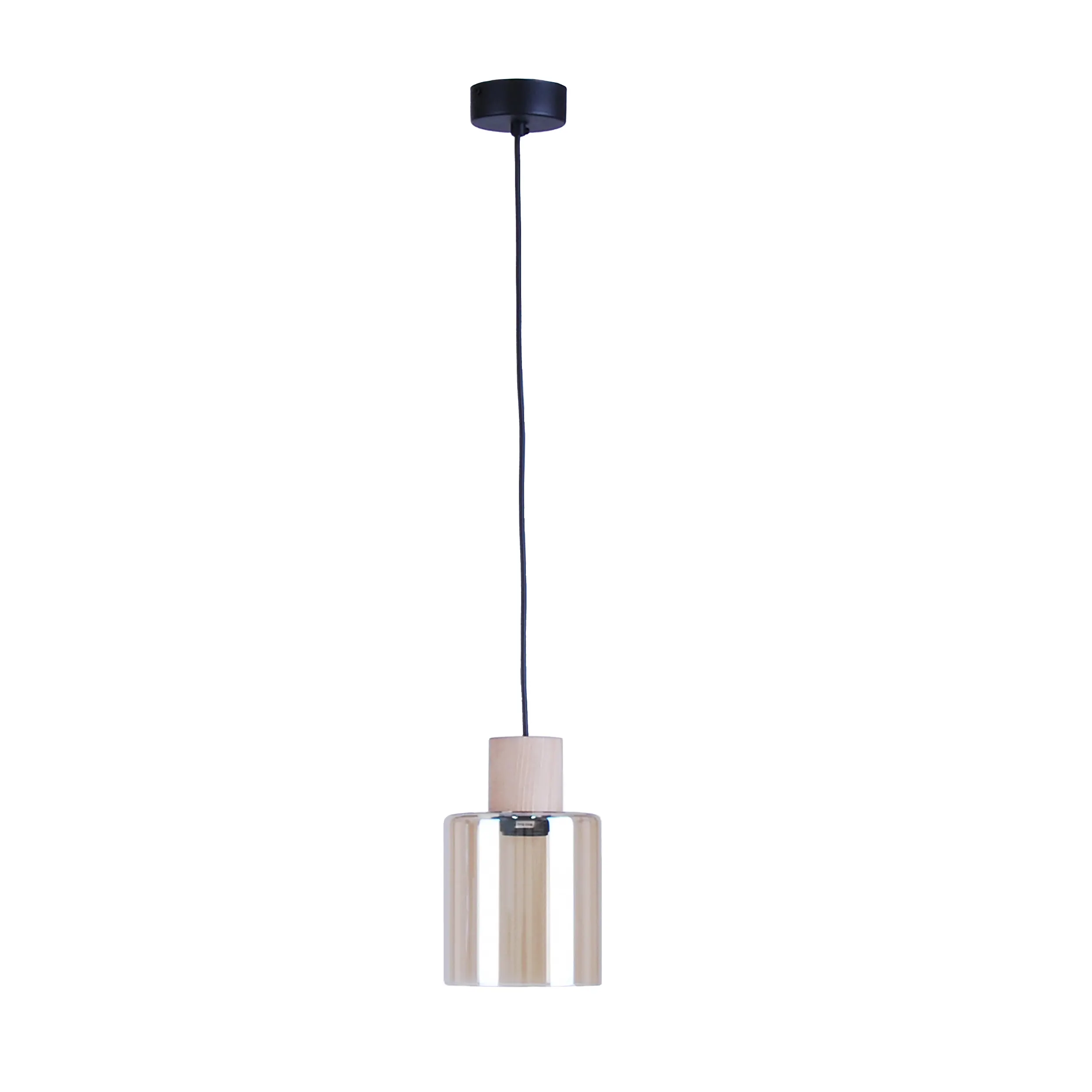 Lampa wisząca ORSON czarna z drewnianym jasnym elementem oraz bursztynowym szklanym kloszem 110x13cm