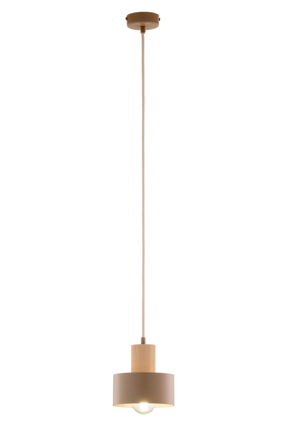 lampa wisząca, kabel powlekany, metalowy abażur, kolor beżowy, żarówka LED