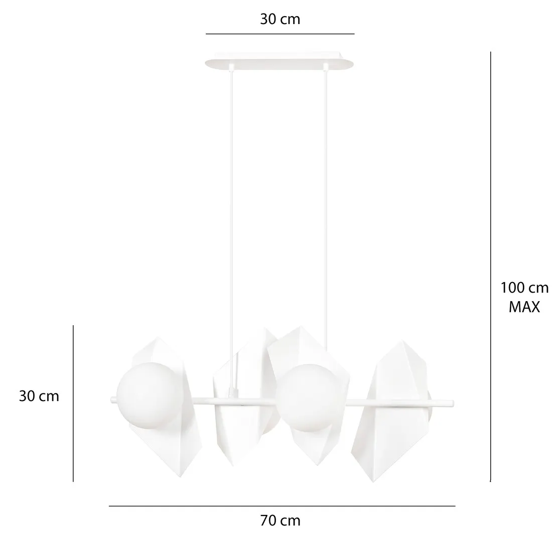 lampa wisząca, designowa lampa, geometryczny kształt, biała kolor, metalowa konstrukcja