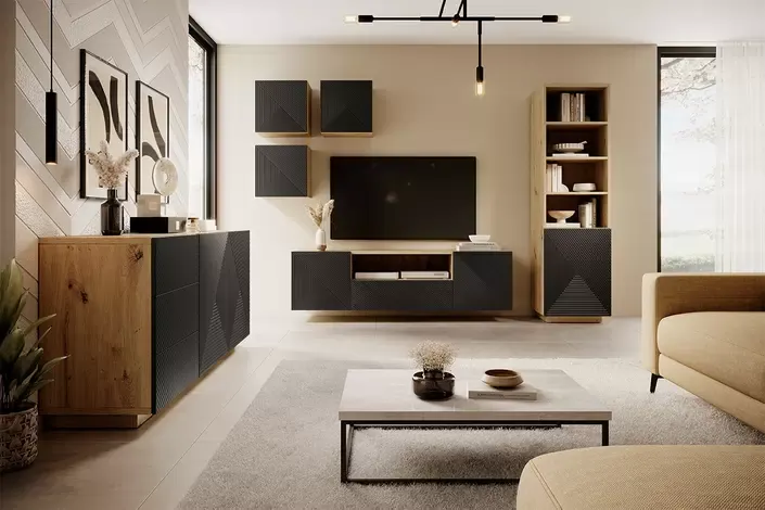 Regał ASHA 50 1D - czarny mat - dąb artisan - ryflowany front - cokół - B_149641