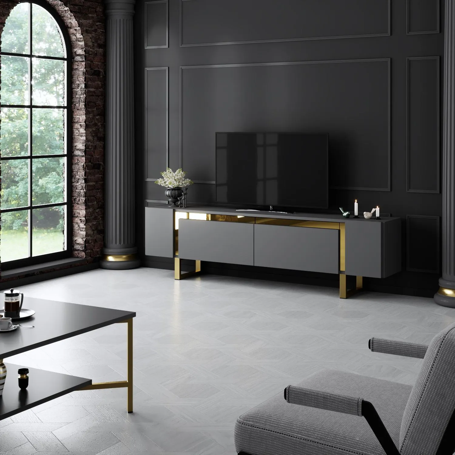 Szafka RTV z 2 klapami YILDIZ 180x30x50 cm antracyt złoty - ASI_618BLY1269