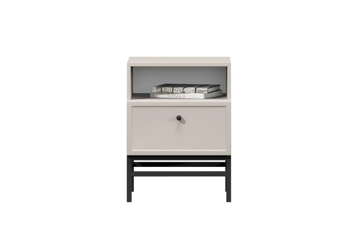 Szafka nocna z szufladą i półką LORINI 45 - cashmere gałka czarna stelaż czarny - B_166684