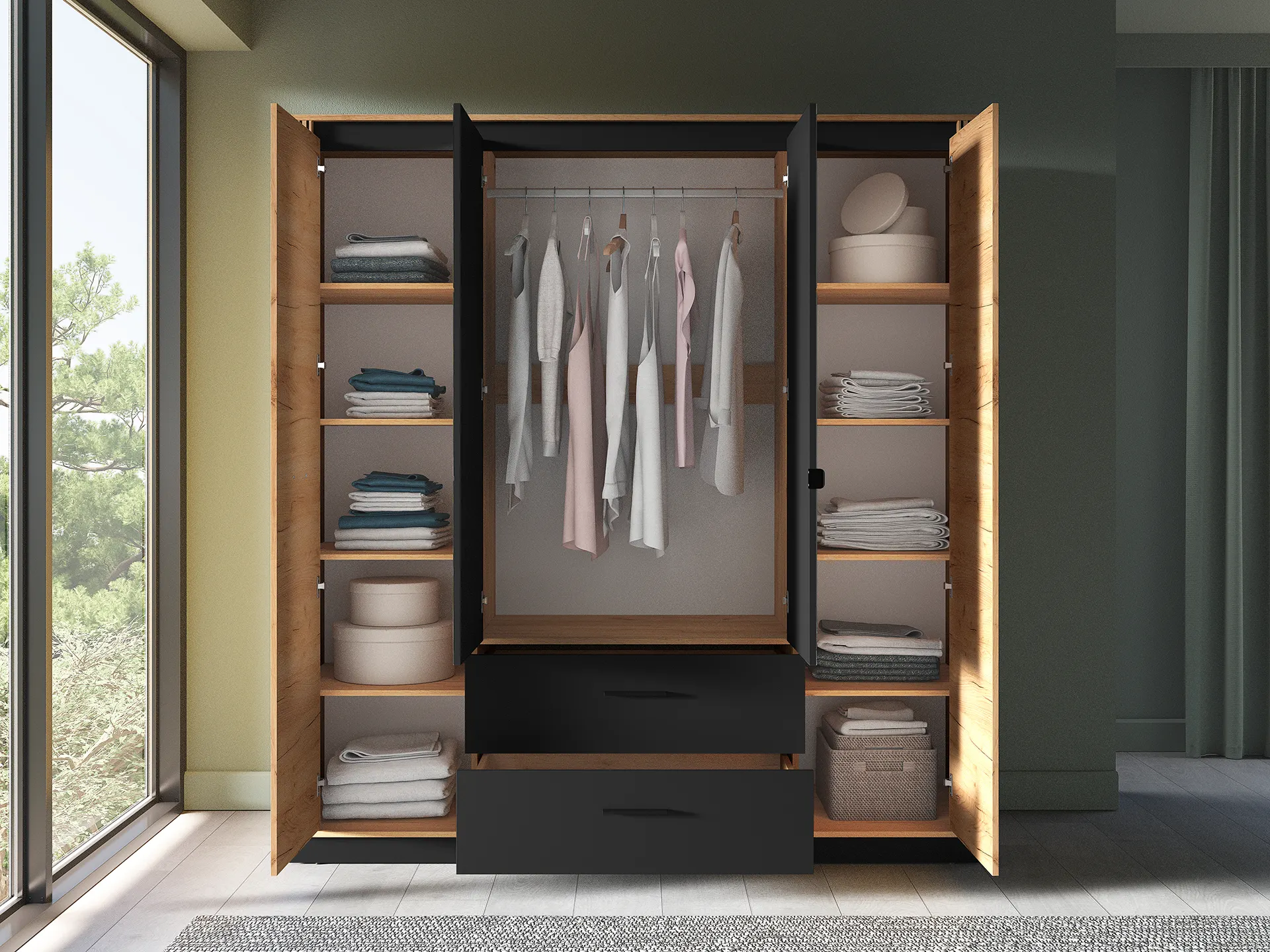 Szafa z lustrem 4-drzwiowa z 2 szufladami URSO 01 craft złoty-czarny - 1URSO01-001