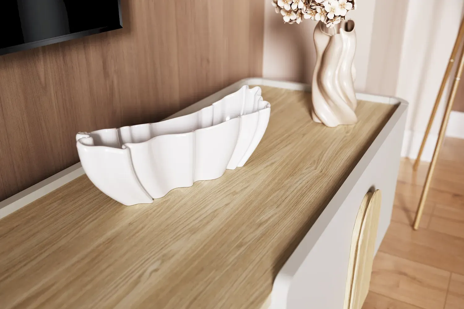 Safka RTV z klapą i szufladą AMILIO 220 - cashmere dąb olejowany uchwyty dąb jasny nogi cashmere - B_169218