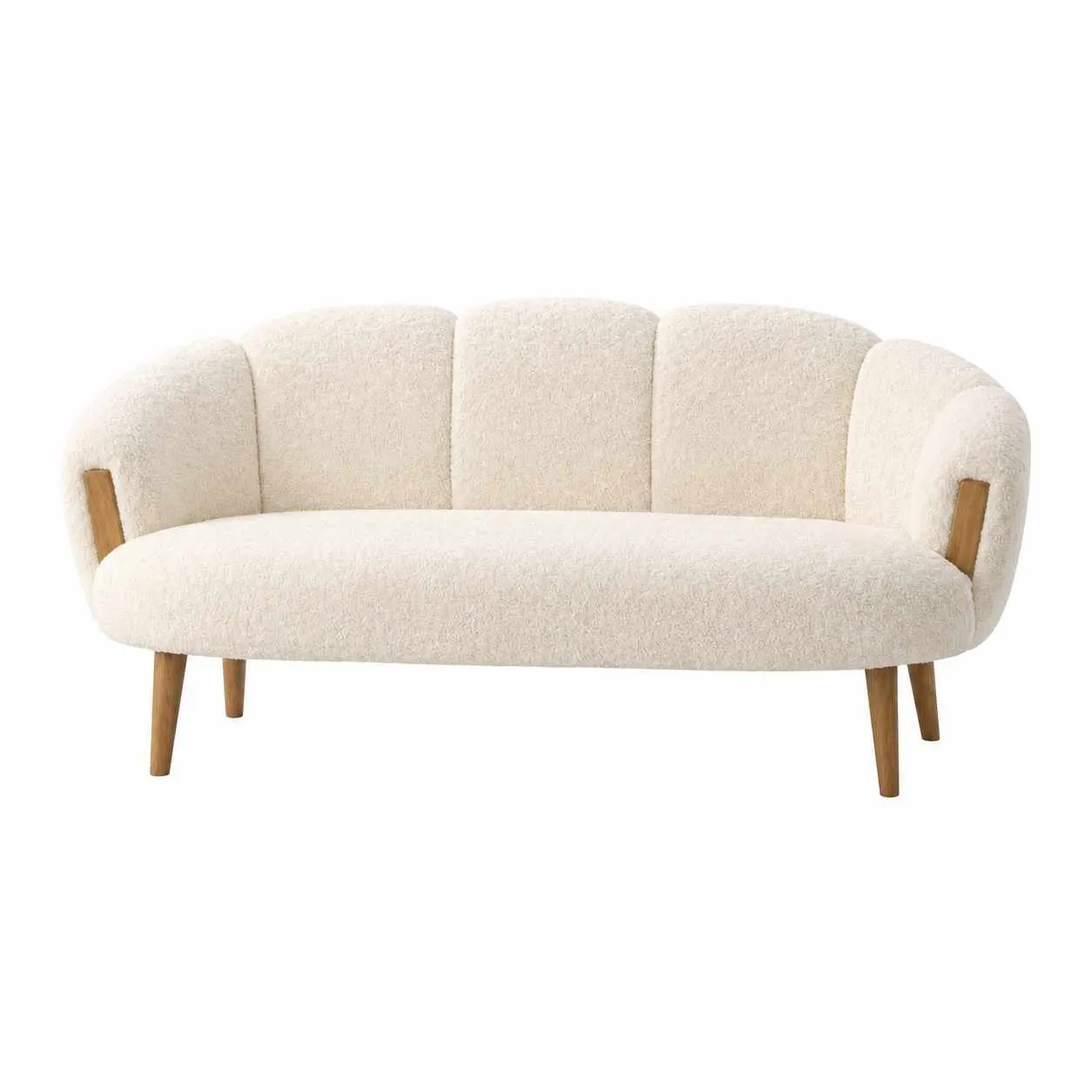 image sofa, bouclé fabric, beige, wooden legs, curved back
