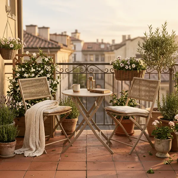 balkon, meble-ogrodowe, stolik, krzesła, kwiaty
