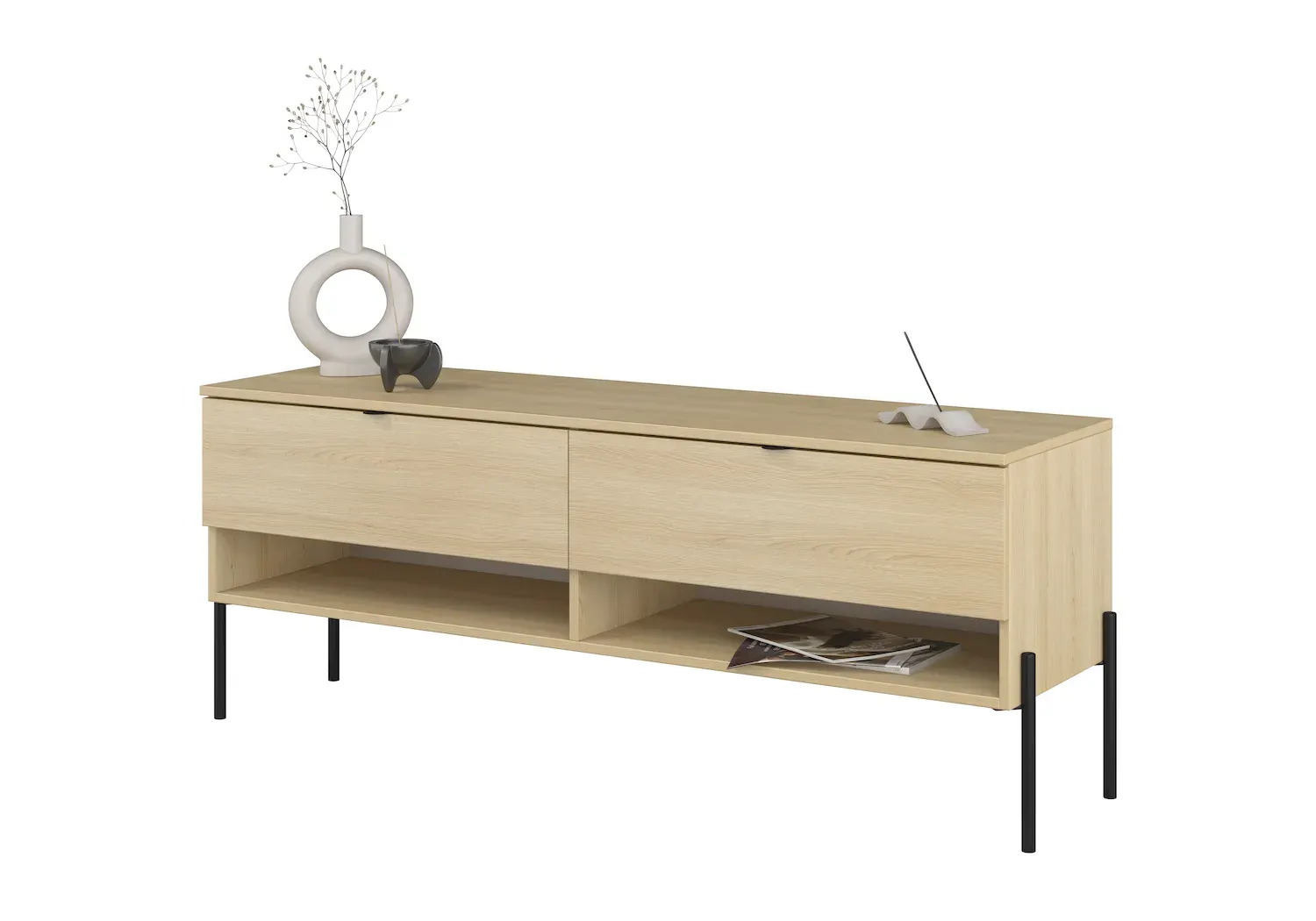 Szafka RTV z 2 szufladami ORE 140 cm dąb lindberg czarne nóżki - 24LGOG41