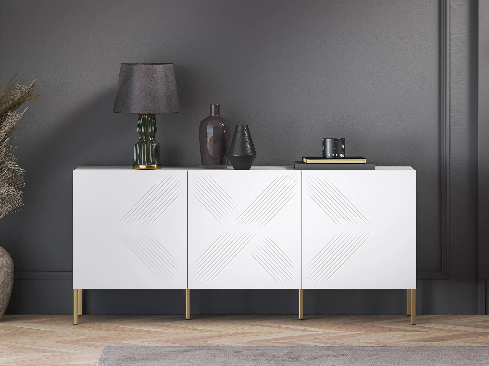 Komoda 3-drzwiowa CLEARING 02 biały alpejski, noga-złoty - 1CLEA02-001-04