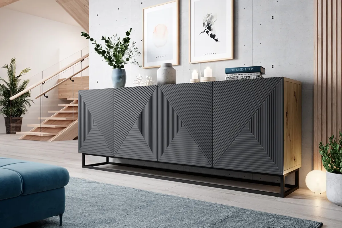 Komoda 4-drzwiowa ASHA 200 4D - szary - dąb artisan - czarny stelaż - ryflowany front - B_52124