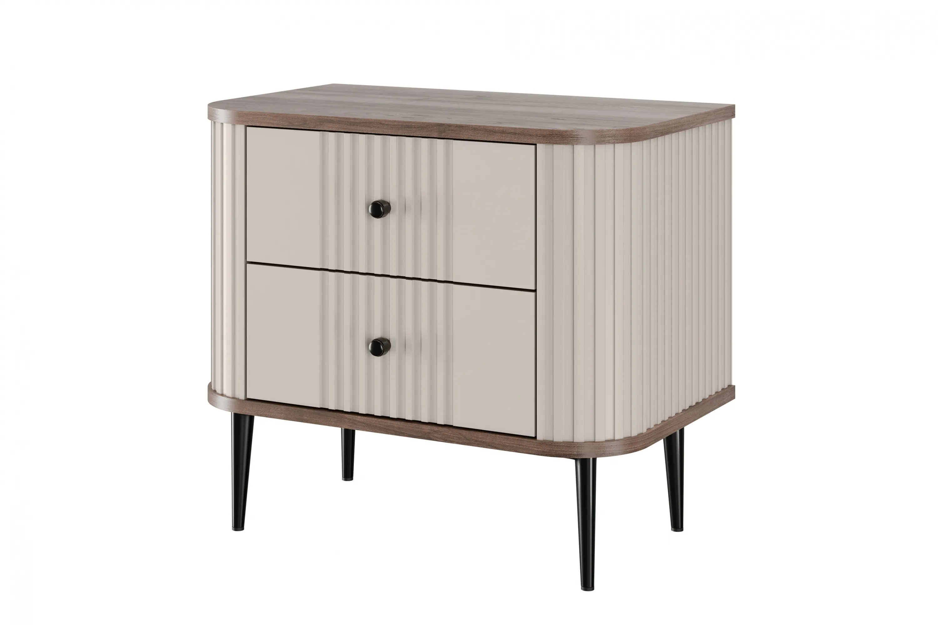 Szafka nocna z 2 szufladami VESPER 56 zestaw 2 sztuk ryflowany front cashmere orzech czarne nogi - B_163837