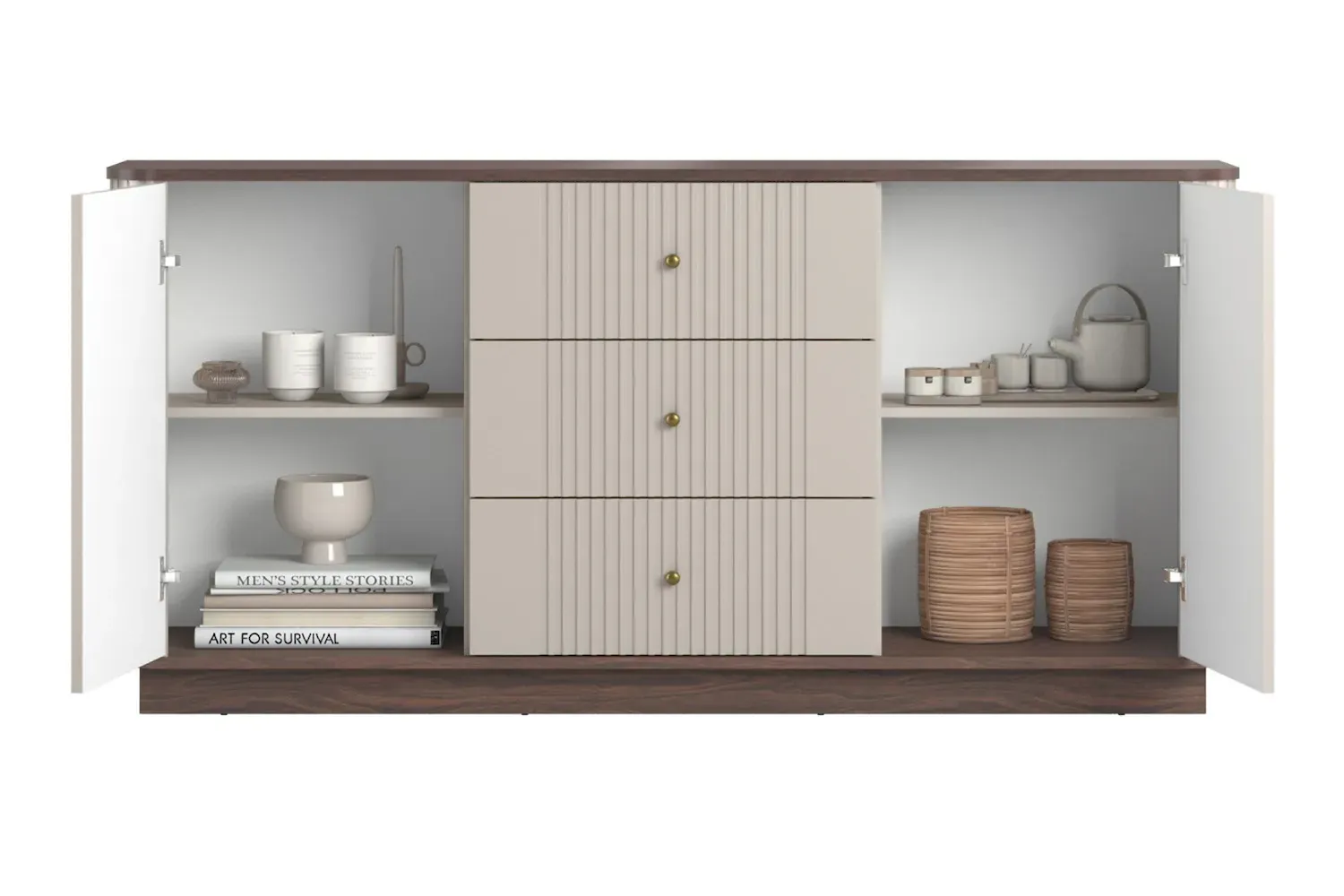 Komoda 2-drzwiowa z 3 szufladami VESPER 160 ryflowany front - cashmere orzech złote uchwyty cokół - B_169439