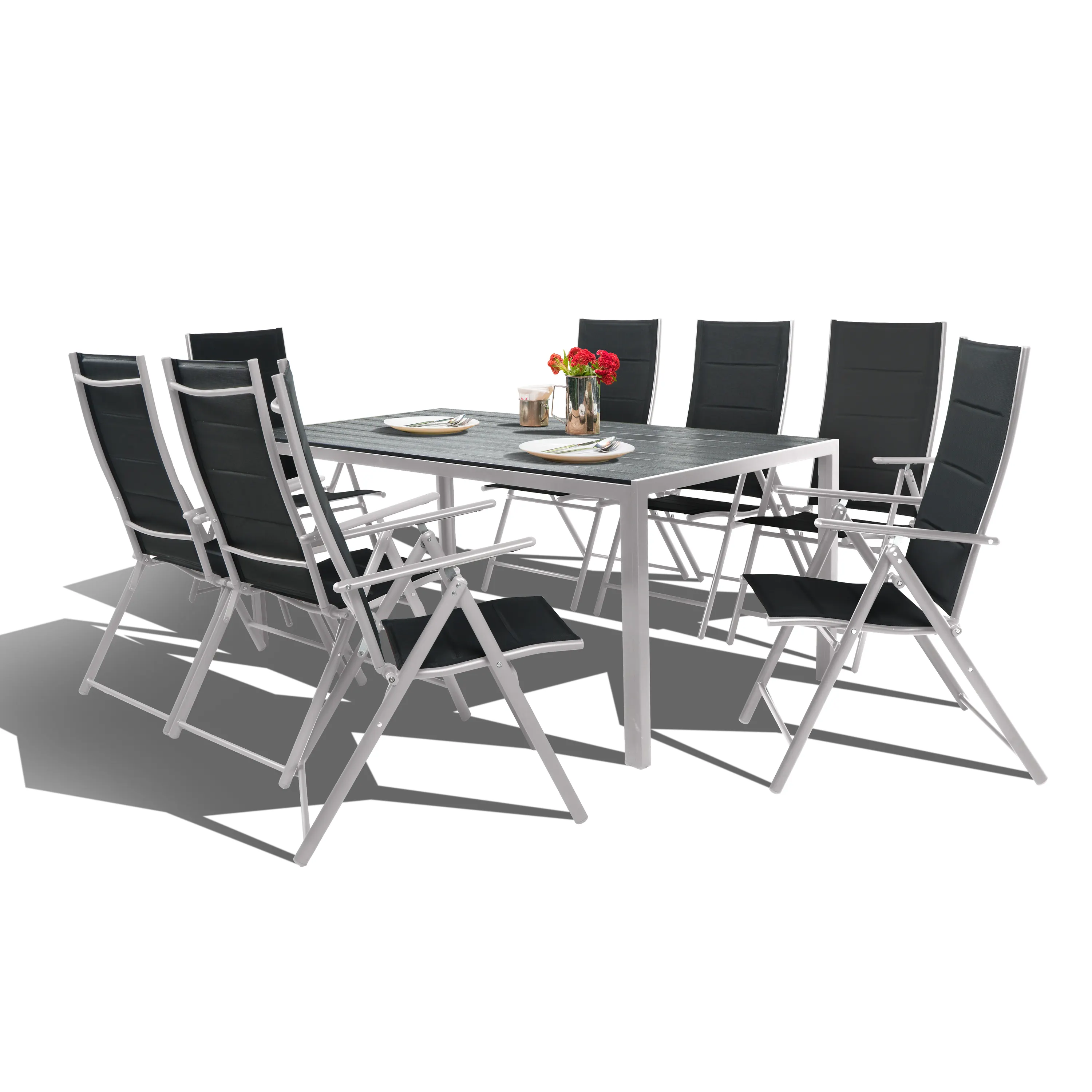 Zestaw Mebli Luxury stół 180x90cm + 8 składanych krzeseł czarno-srebrny - DLG_95628