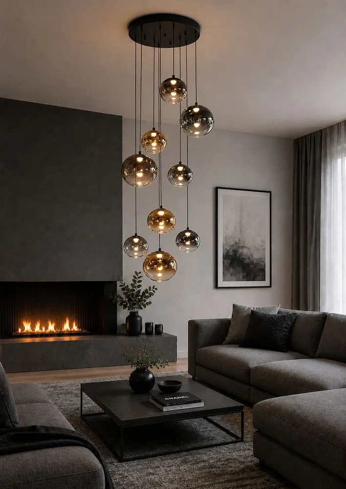 image lampa wisząca, kule świetlne, salon, dekoracyjna aranżacja, kominek