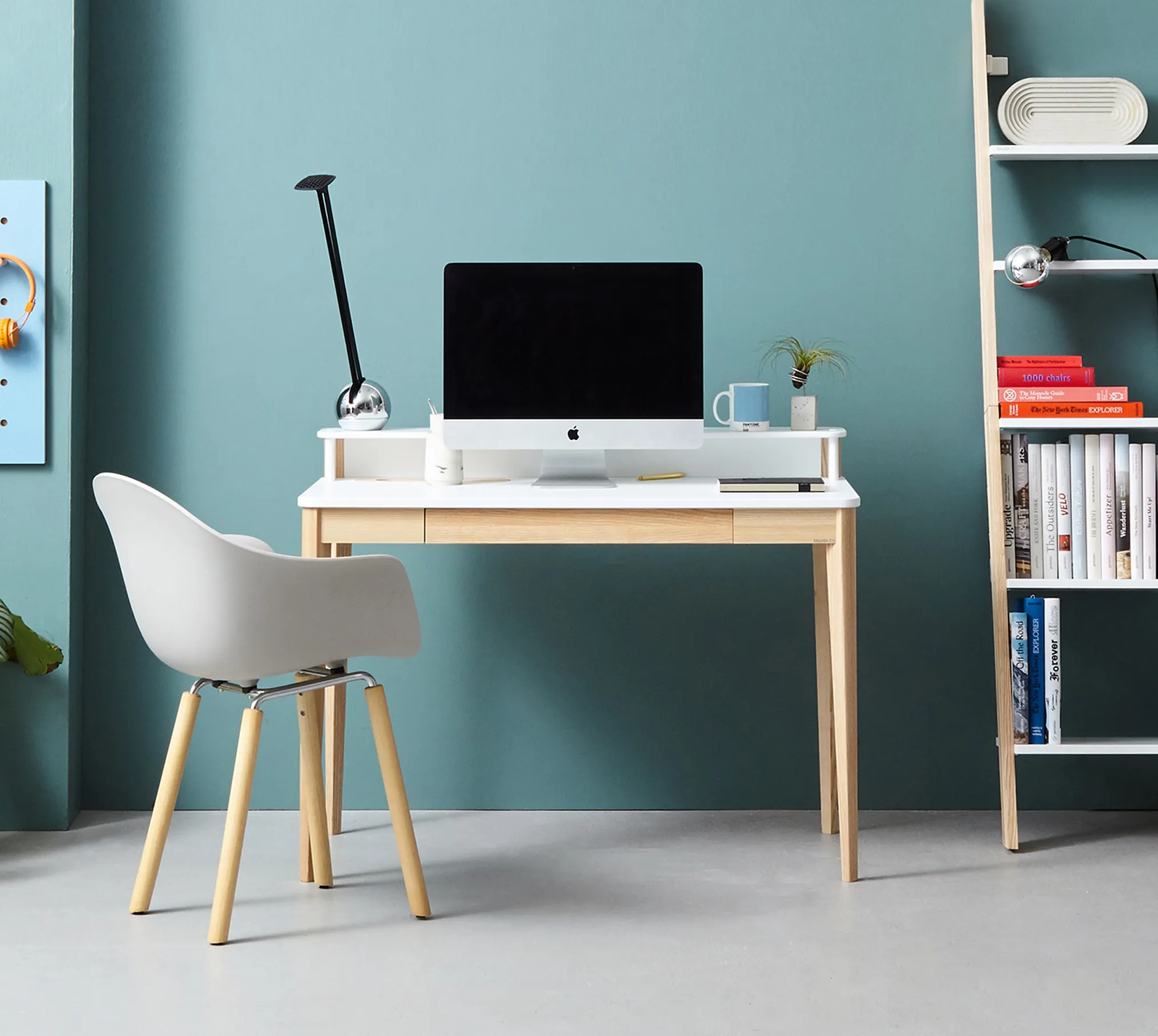 Biurko z nadstawką i szufladą ASHME 110x56 ciemnoszary blat/jesionowe nogi - RAGABAWDA6