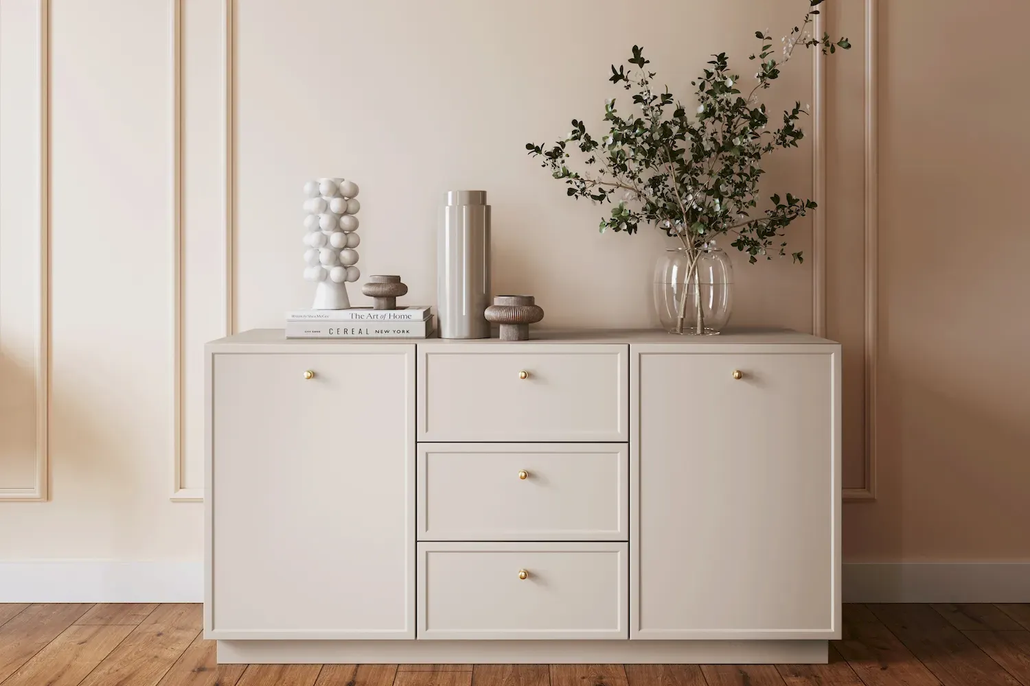 Komoda 2-drzwoiowa z 3 szufladami LORINI 150 - cashmere gałka złota cokół - B_166764