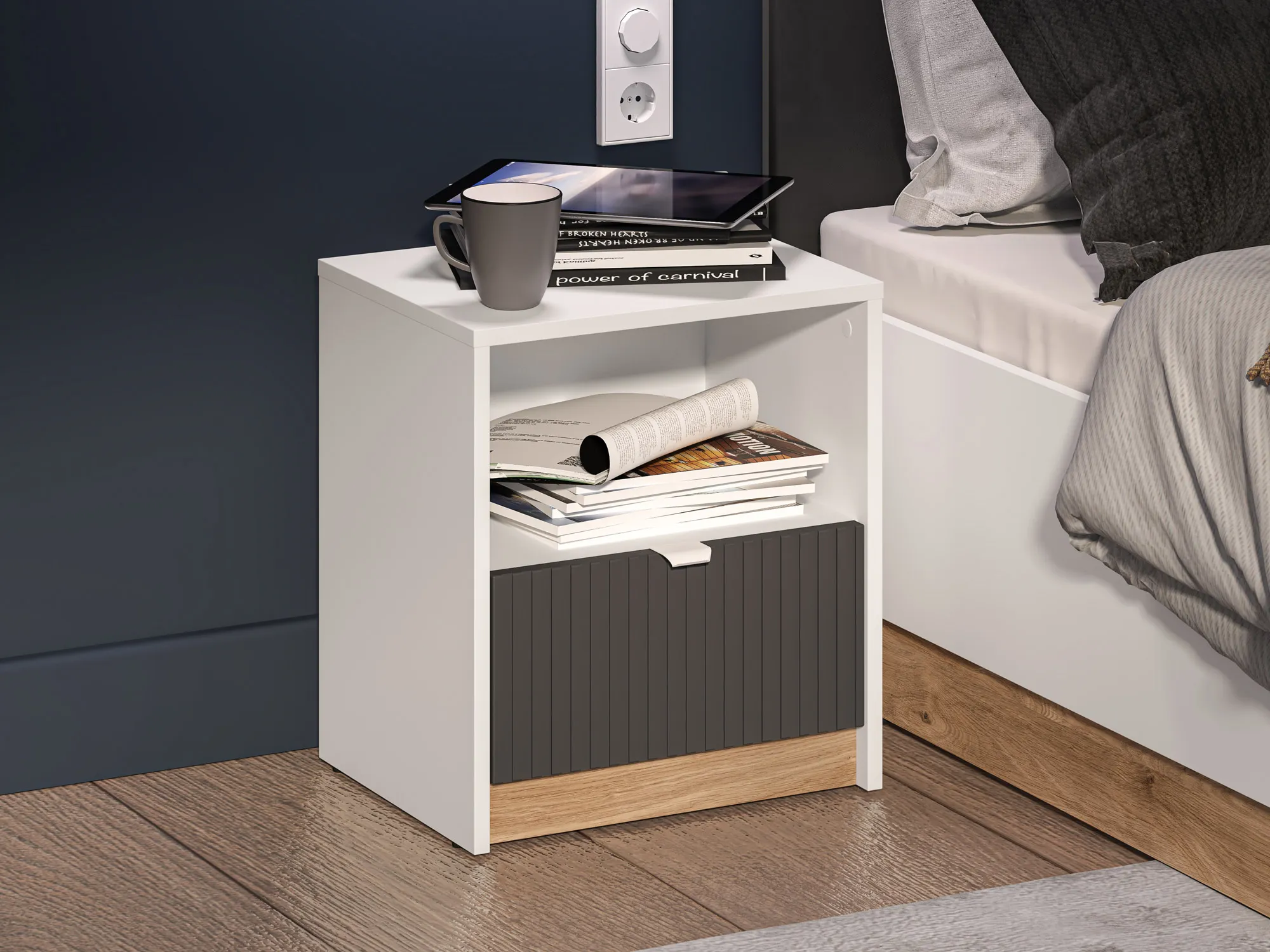 Szafka nocna z 1 szufladą TORINO 09 Biały, Castello, Grafit - 1TORI09-001